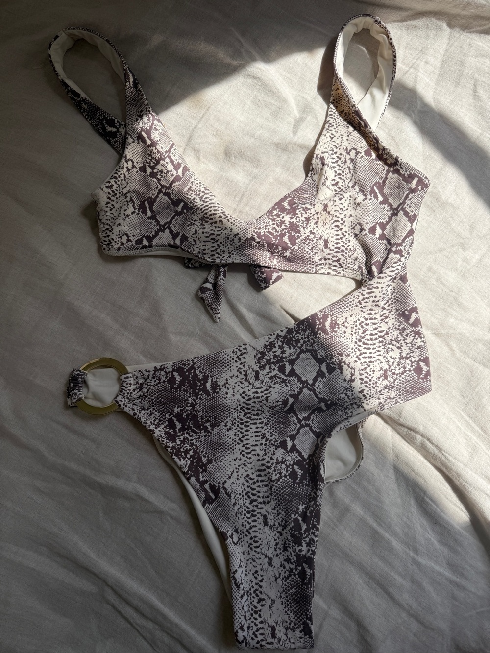 Monday Swimwear Taupe and White Snake-Print Bikini Set with Gold Ring